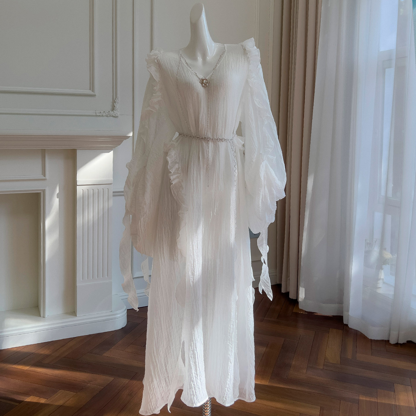 Vネック ドレス パーティー お出かけ 海辺 2点セット 白 おしゃれ ロング 長袖 上品 韓国風 二次会 69386