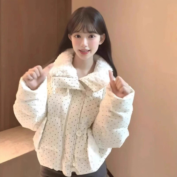 秋冬レディーススイート風 水玉 フリースカラー ダウンコットンコート【返品・交換可】品質最優先25-279