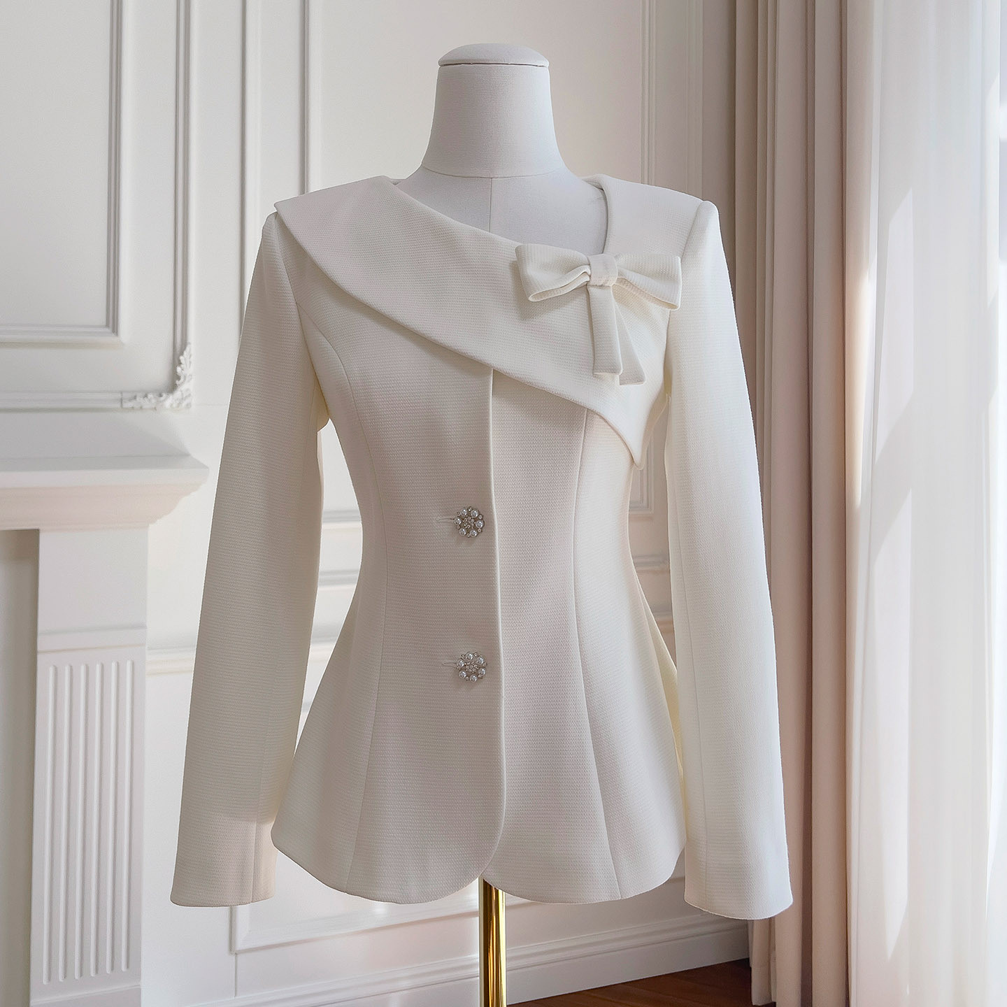 ツイードスーツ フォーマル ウェディング パーティー ジャケット 白 おしゃれ リボン 上品 韓国風 二次会 91601