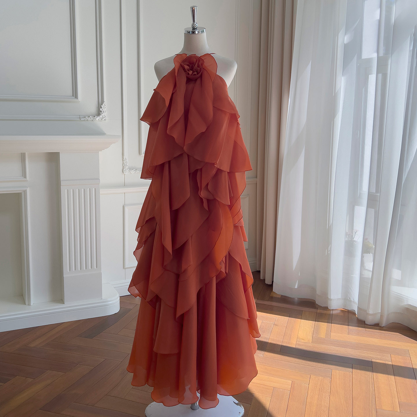 フリル ふわふわ ウェディングドレス パーティー オレンジ おしゃれ ロング ノースリーブ 韓国風 二次会 69241