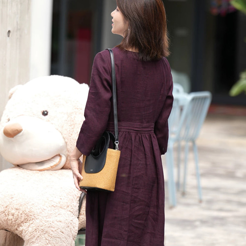 スタイルアップウエスト切替 Vネック麻のロングワンピース ポケット