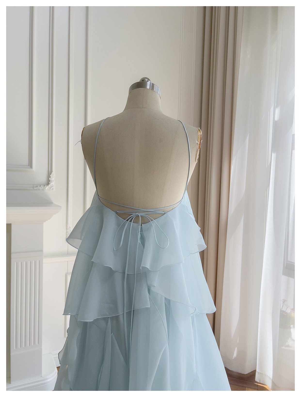 フリル 立体花 ウェディングドレス パーティー 青 旅行海辺 おしゃれ ロング ノースリーブ 韓国風 二次会 69404