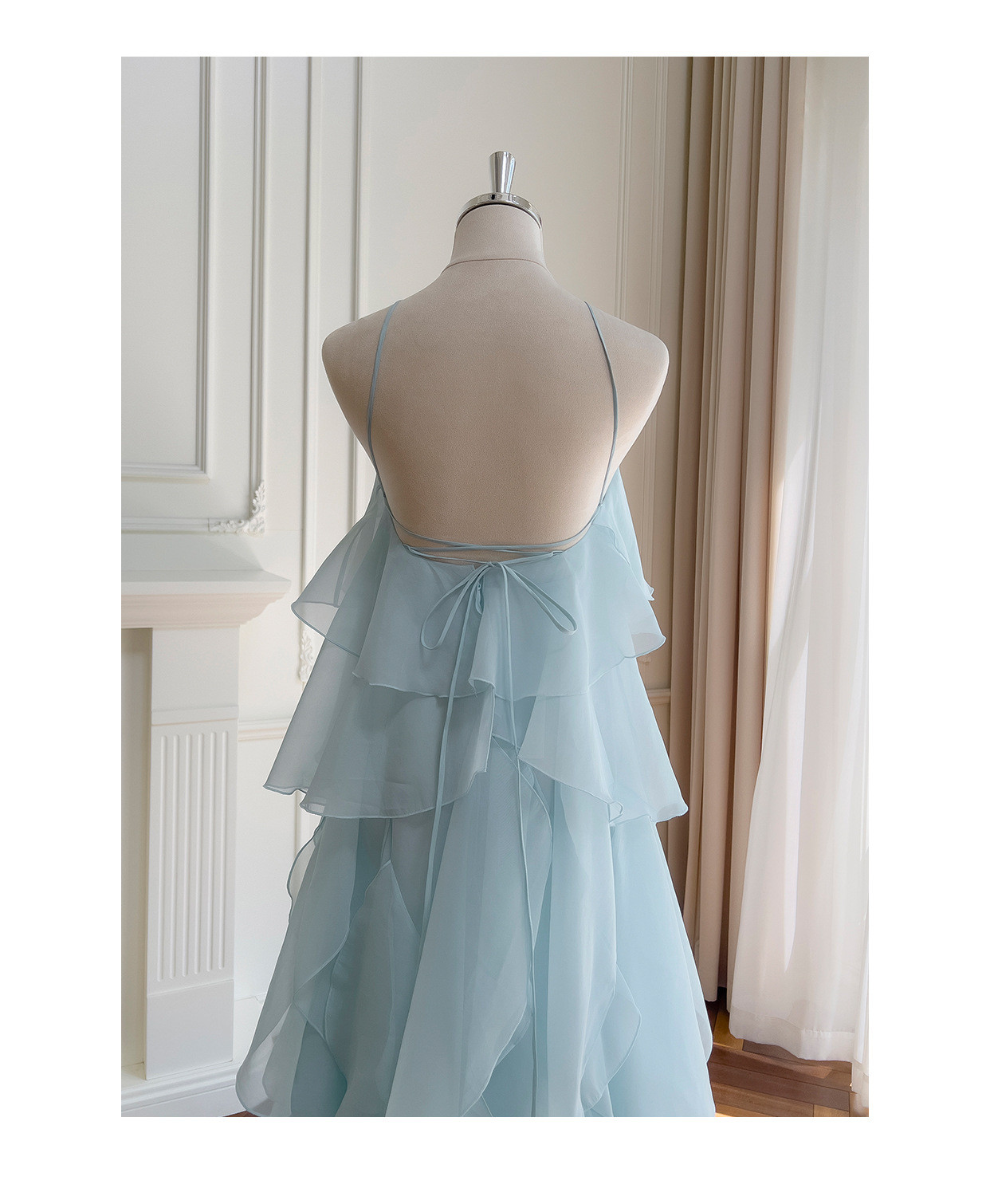 フリル 立体花 ウェディングドレス パーティー 青 旅行海辺 おしゃれ ロング ノースリーブ 韓国風 二次会 69404