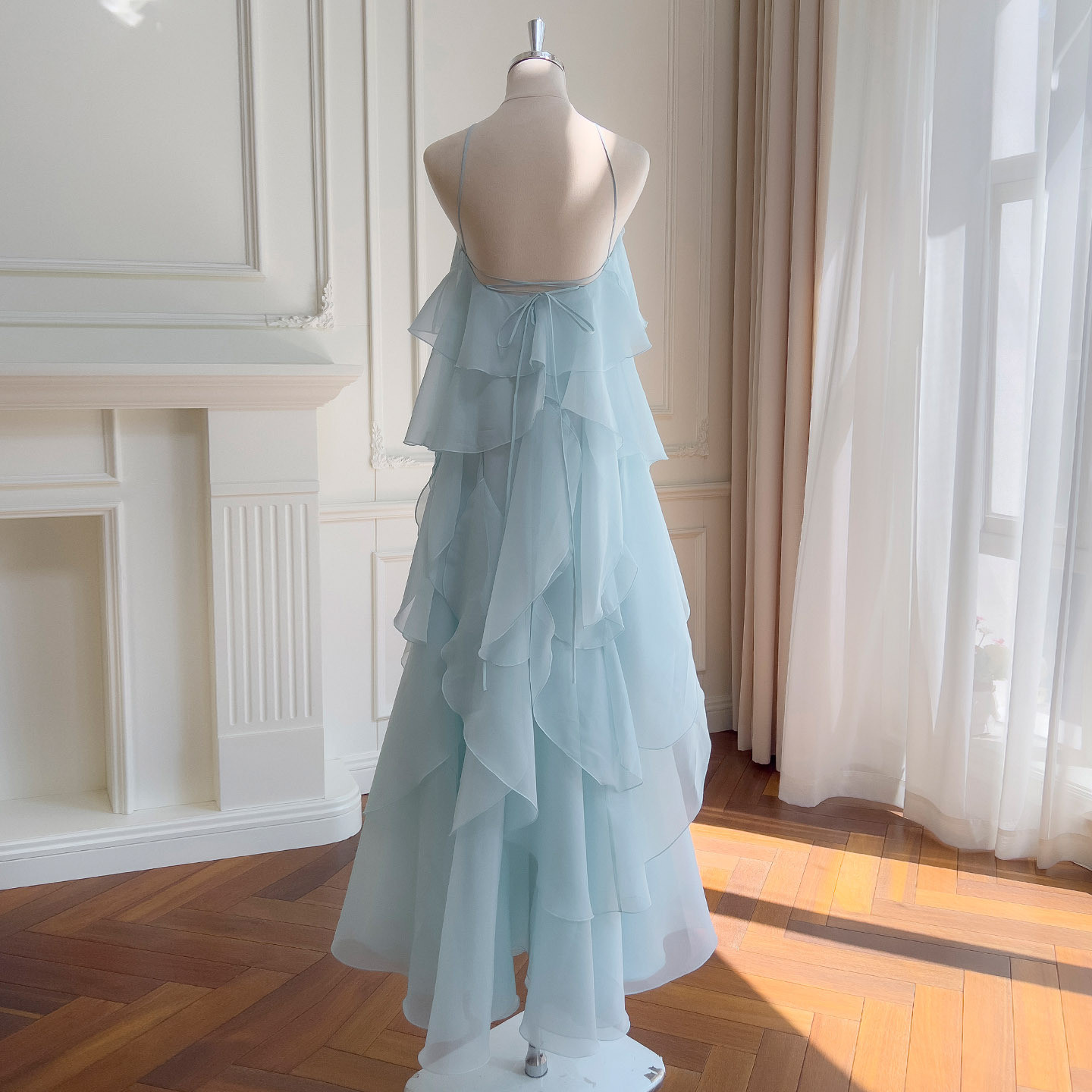 フリル 立体花 ウェディングドレス パーティー 青 旅行海辺 おしゃれ ロング ノースリーブ 韓国風 二次会 69404