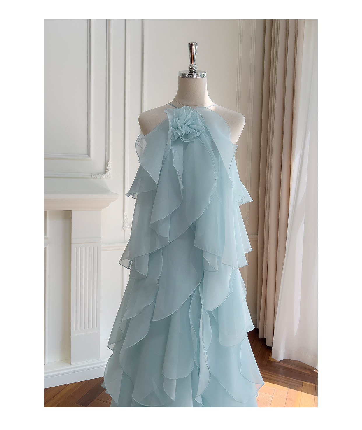 フリル 立体花 ウェディングドレス パーティー 青 旅行海辺 おしゃれ ロング ノースリーブ 韓国風 二次会 69404