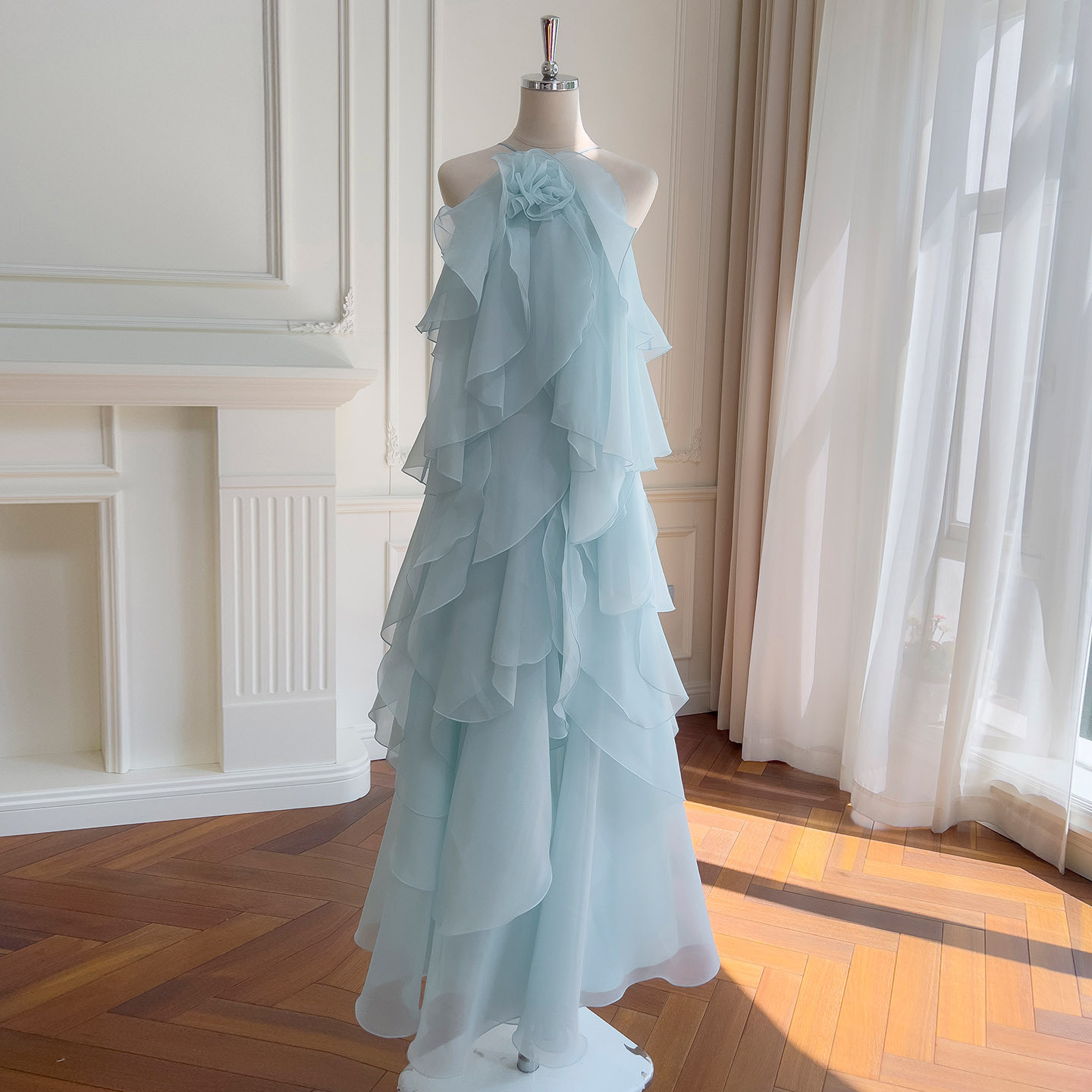 フリル 立体花 ウェディングドレス パーティー 青 旅行海辺 おしゃれ ロング ノースリーブ 韓国風 二次会 69404