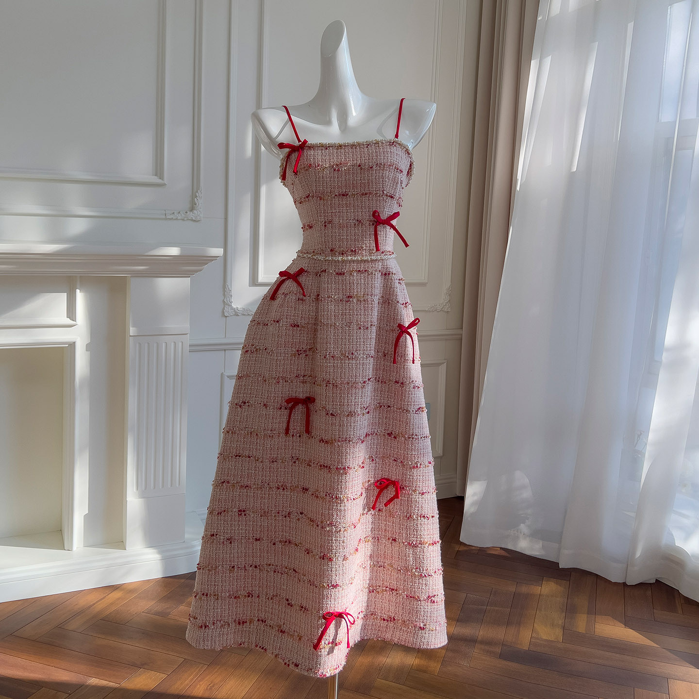 リボン ツイード ウェディングドレス パーティー ピンク 綺麗おしゃれ ロング ノースリーブ 韓国風 二次会 69328