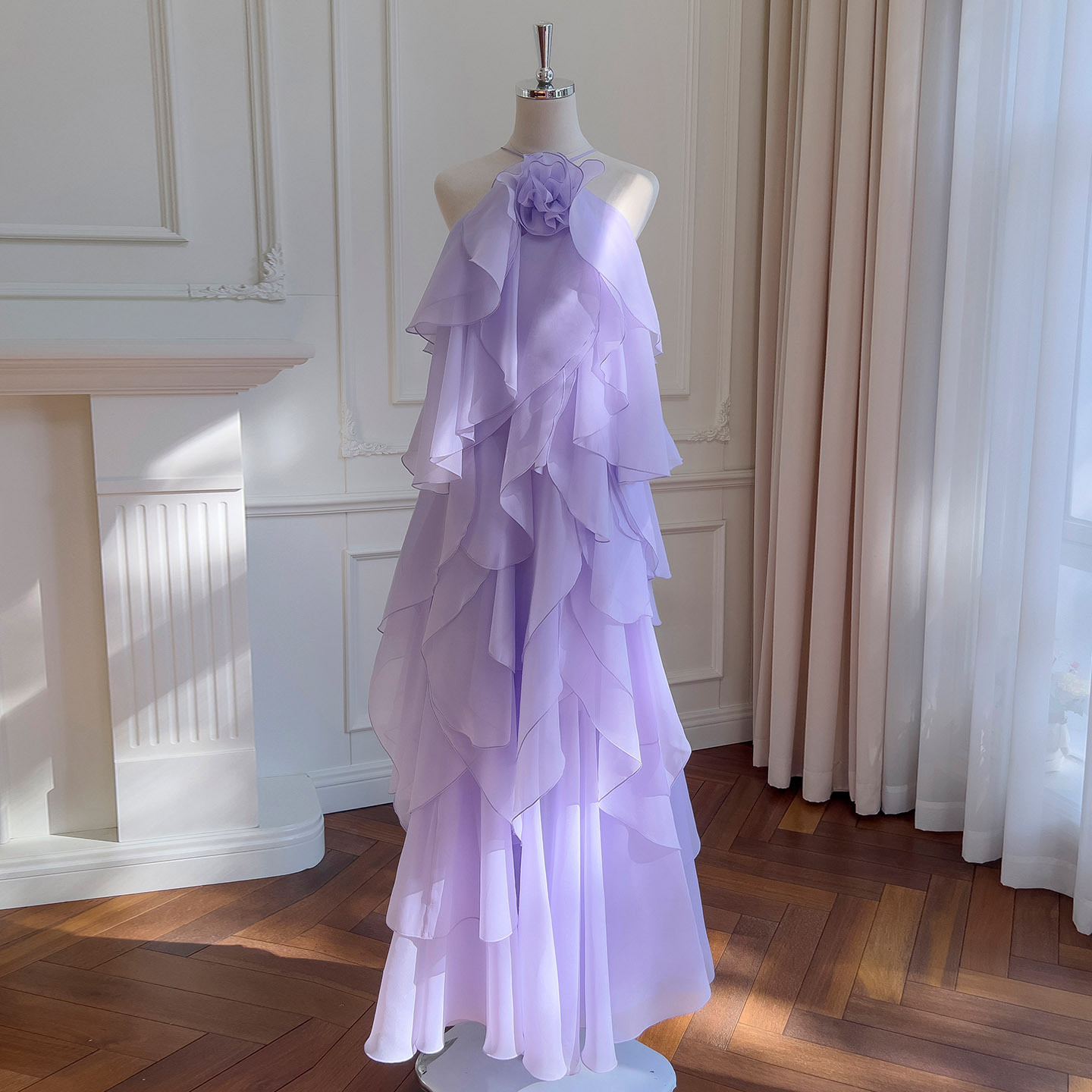 フリル 立体花 ウェディングドレス パーティー 紫 旅行海辺 おしゃれ ロング ノースリーブ 韓国風 二次会 69403