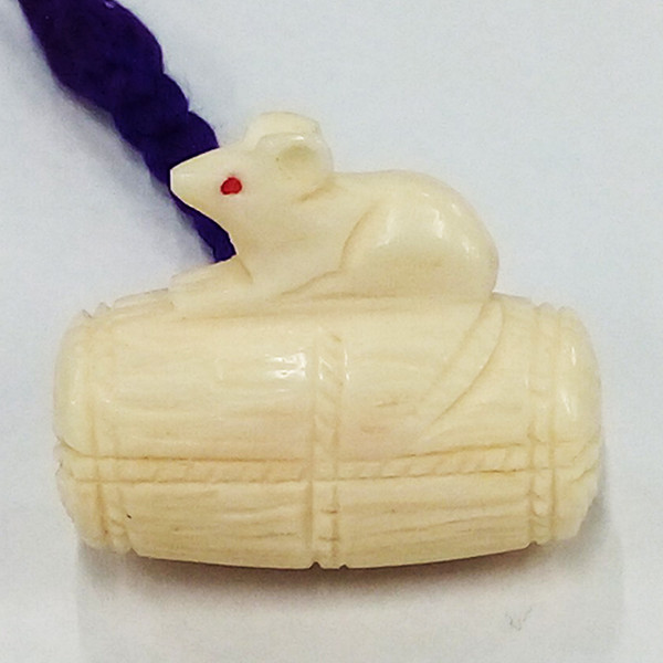 【本象牙】職人手作り 象牙の根付ストラップ / 俵ねずみカラクリ №31