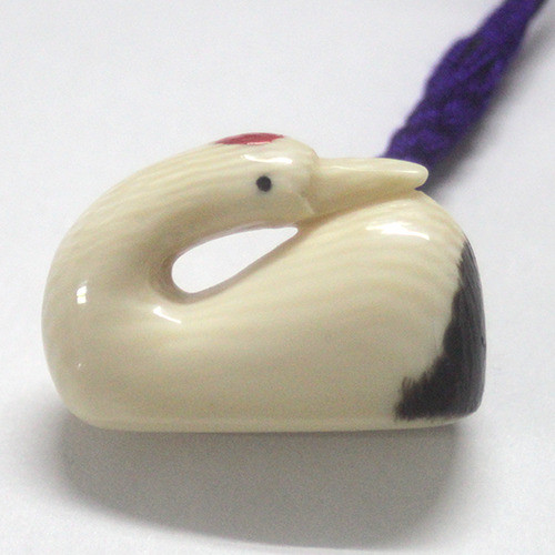 【本象牙】職人手作り 象牙の根付ストラップ / 鶴(大) №43