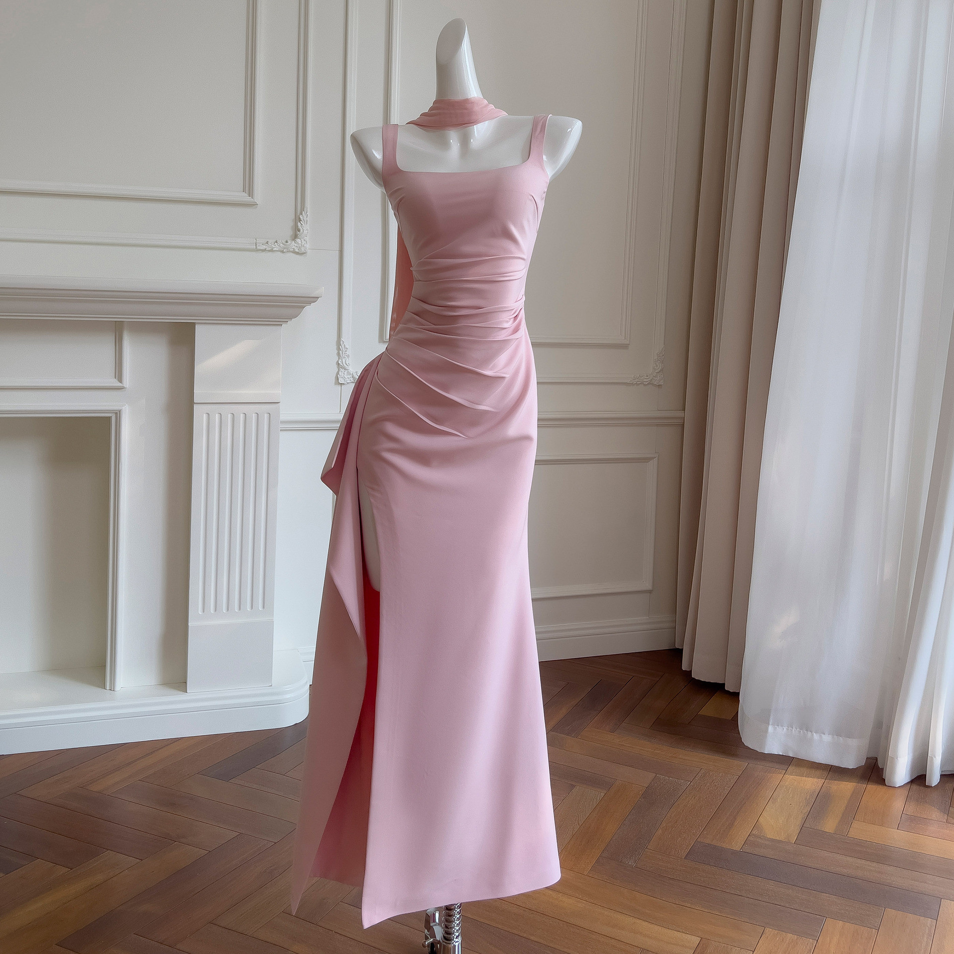 カラードレス ウェディングドレス ノースリーブ ピンク 韓国風 パーティー 前撮り お呼ばれ A9339