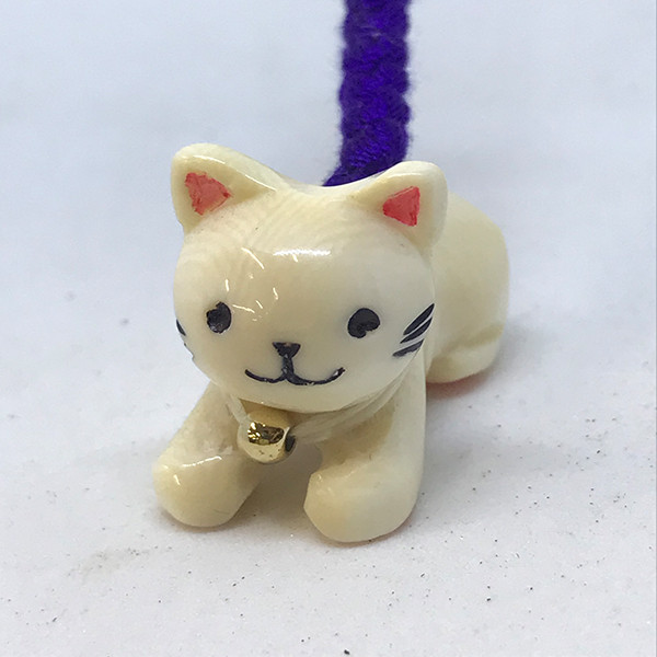 【本象牙】職人手作り 象牙の根付ストラップ / 猫 №77