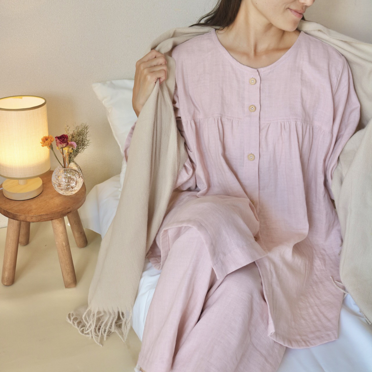そっと寄り添う ダブルガーゼ 前開きパジャマ 国産  ピンク マタニティ・授乳　2025年　秋冬新作