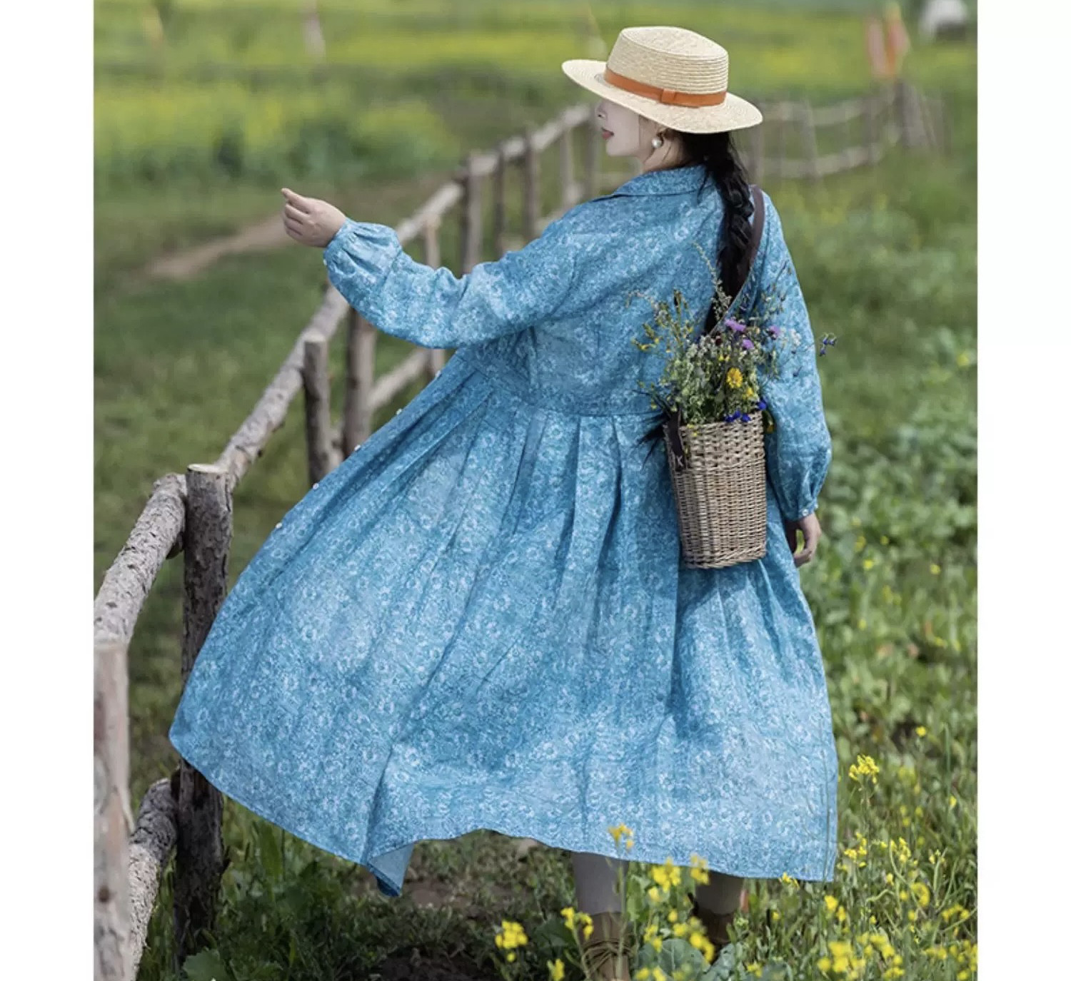 2way　プリント花柄リネンのロングワンピース　長袖ウエスト切替　ポケット付き【春秋】ブルー