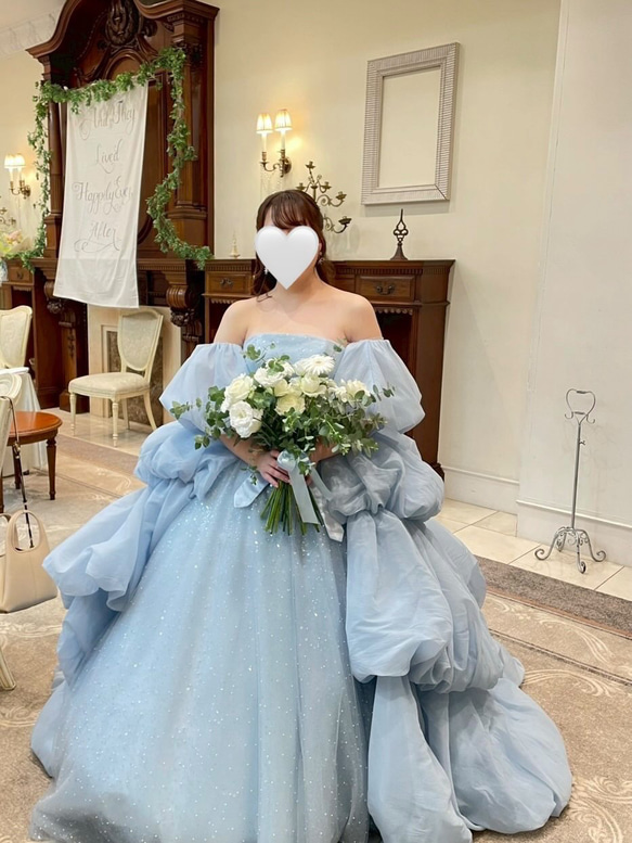 カラードレス パフスリーブ　ウェディング 楽天市場】カラードレス プリンセスライン 青 ブルー パフスリーブ