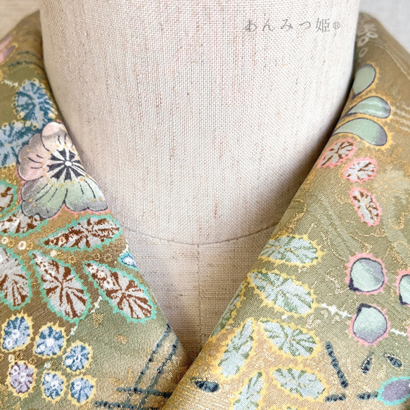 正絹の半衿  鶯色の花文様【あと2点】 6枚目の画像