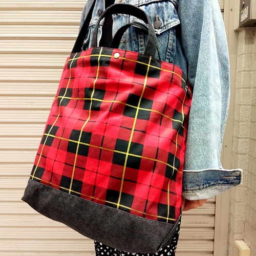 2WAY チェック柄トート&ショルダーバッグ (赤チェック tb-hs29) 2way