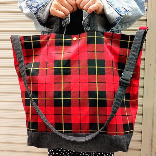 2WAY チェック柄トート&ショルダーバッグ (赤チェック tb-hs29) 2way