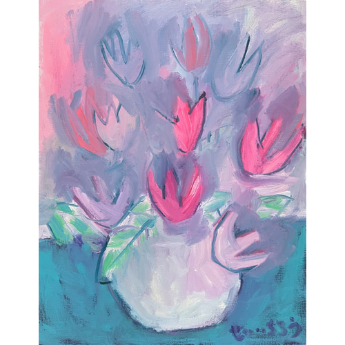smoky tulips】F6 絵画 油絵 油彩 キャンバス プレゼント 花 フラワー