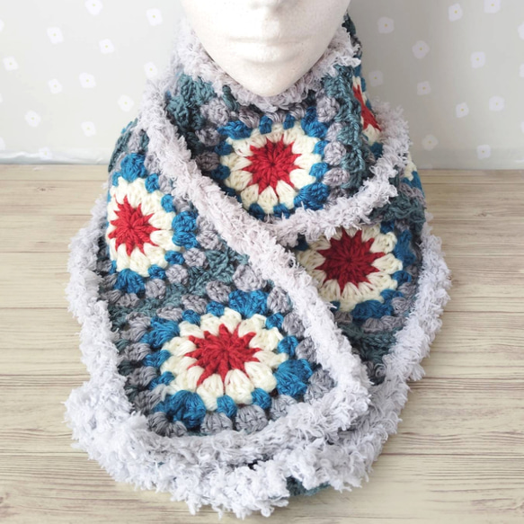 マフラー 手編み ロングマフラー かぎ針編み モチーフ編み グラニー