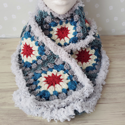 マフラー 手編み ロングマフラー かぎ針編み モチーフ編み グラニー