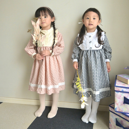 フリルヨークのチェックワンピース(スモーキーピンク)】子ども服