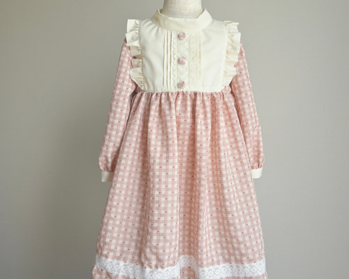 フリルヨークのチェックワンピース(スモーキーピンク)】子ども服