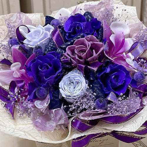 送料無料、ラッピング込み】✨大人気✨紫ミックスバラプリザーブ