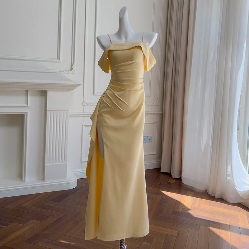 カラードレス ウェディングドレス ノースリーブ クリーム色 韓国風パーティー 前撮り お呼ばれ A9332