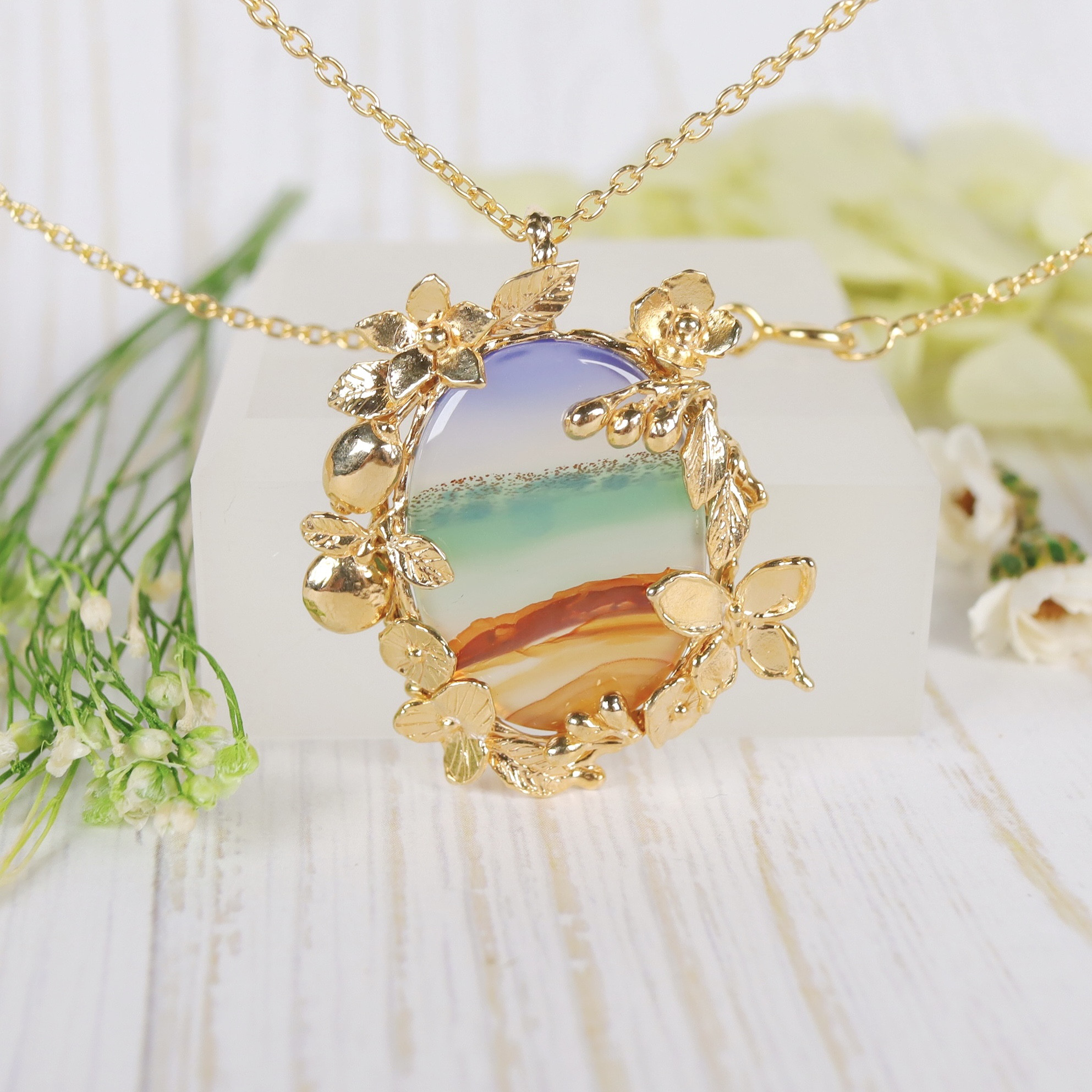 柑橘とオリーブ 地中海の窓辺ペンダント ピクチャーアゲート シルバー925 k18メッキ