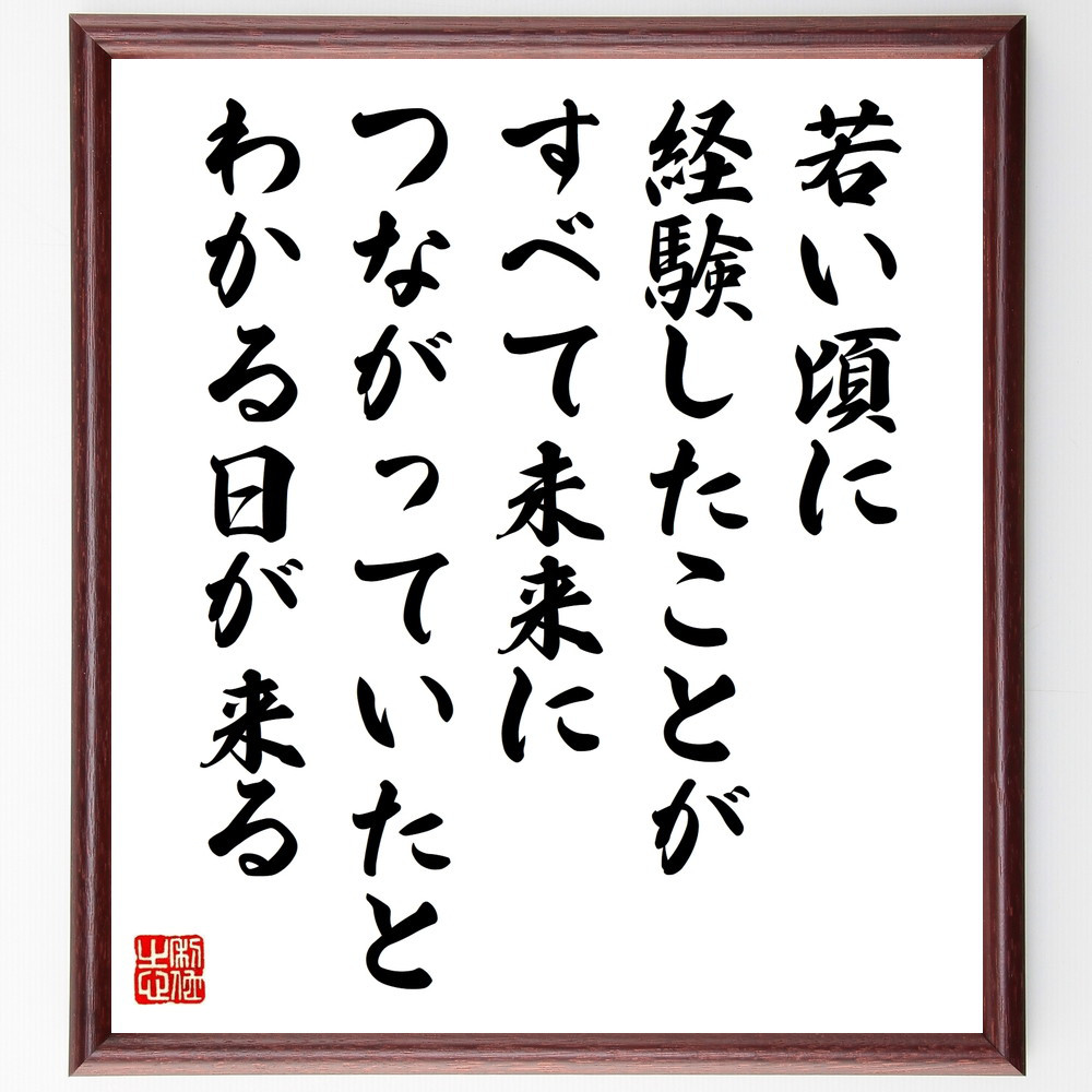 名言「若い頃に経験したことが、すべて未来につながっていたとわかる日が～」手書き書道色紙額／受注後の毛筆直筆（W0333）