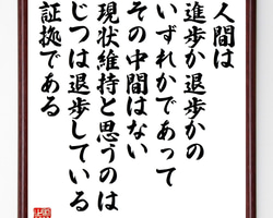 名言「人間は進歩か退歩かのいずれかであって、その中間はない、現状維持～」手書き書道色紙額／受注後の毛筆直筆（W0369）
