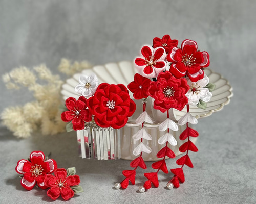 つまみ細工 七五三かんざしセット（3歳さん向け）紅白 赤 桜 椿 梅