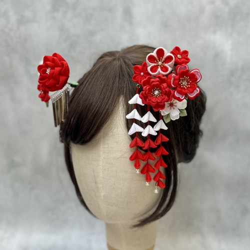 つまみ細工 七五三かんざしセット（3歳さん向け）紅白 赤 桜 椿 梅