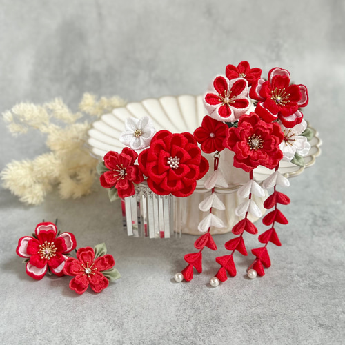つまみ細工 七五三かんざしセット（3歳さん向け）紅白 赤 桜 椿 梅