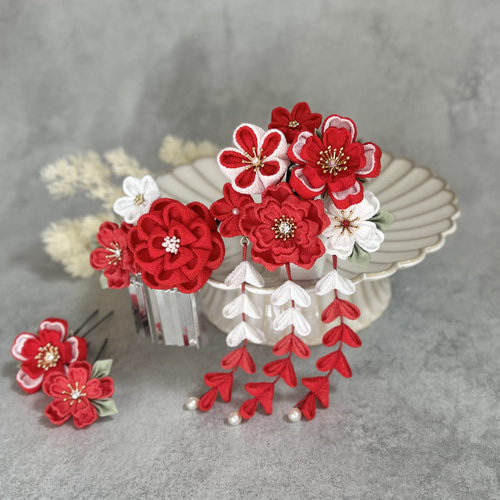 つまみ細工 七五三かんざしセット（3歳さん向け）紅白 赤 桜 椿 梅