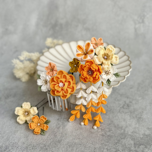 つまみ細工 七五三かんざしセット（3歳さん向け）黄色 山吹色 桜