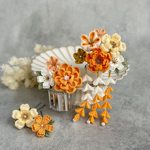 つまみ細工 七五三かんざしセット（3歳さん向け）黄色 山吹色 桜 椿 梅