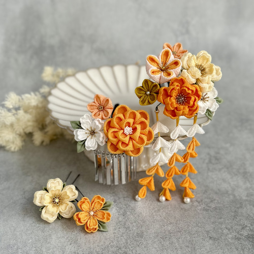 つまみ細工 七五三かんざしセット（3歳さん向け）黄色 山吹色 桜