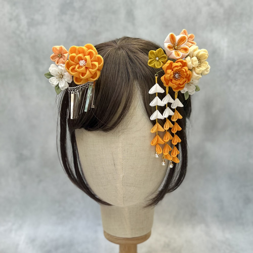 つまみ細工 七五三かんざしセット（3歳さん向け）黄色 山吹色 桜 椿 梅