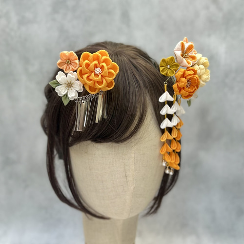 つまみ細工 七五三かんざしセット（3歳さん向け）黄色 山吹色 桜 椿 梅