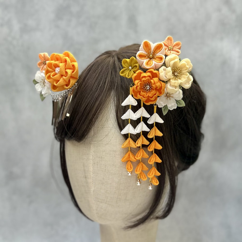 つまみ細工 七五三かんざしセット（3歳さん向け）黄色 山吹色 桜