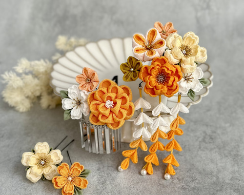 つまみ細工 七五三かんざしセット（3歳さん向け）黄色 山吹色 桜