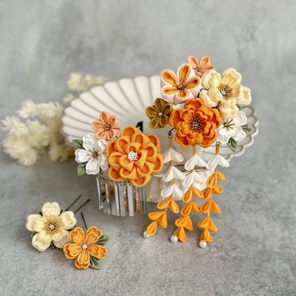 七五三髪飾りセット つまみ細工 7歳 パステルカラー 山吹色×桜色 7-17 つまみ細工 七五三かんざしセット（3歳さん向け）黄色 山吹色 桜