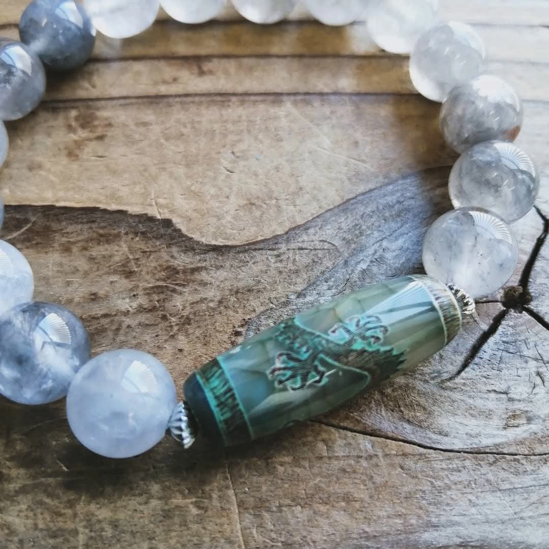 ◆緑瑪瑙五本爪龍神天珠＆ブリザードシルバーウルフアイのブレスレット 11000円（送料無料）