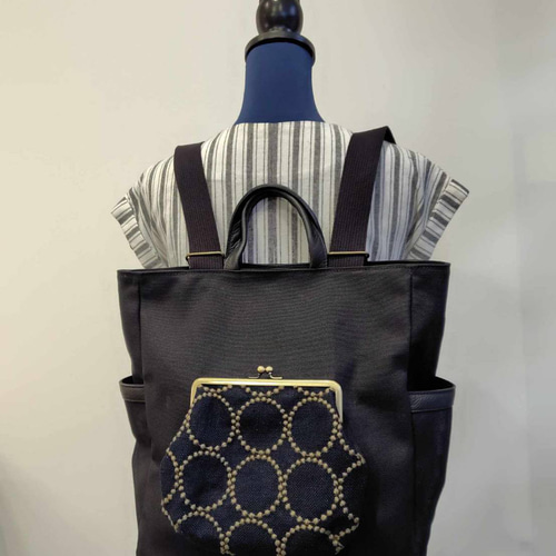 ミナペルホネン/タンバリンネイビー×カーキがま口ポケット/A4トートリュック 1点限り】ミナペルホネン/タンバリンネイビー×カーキ/がま口