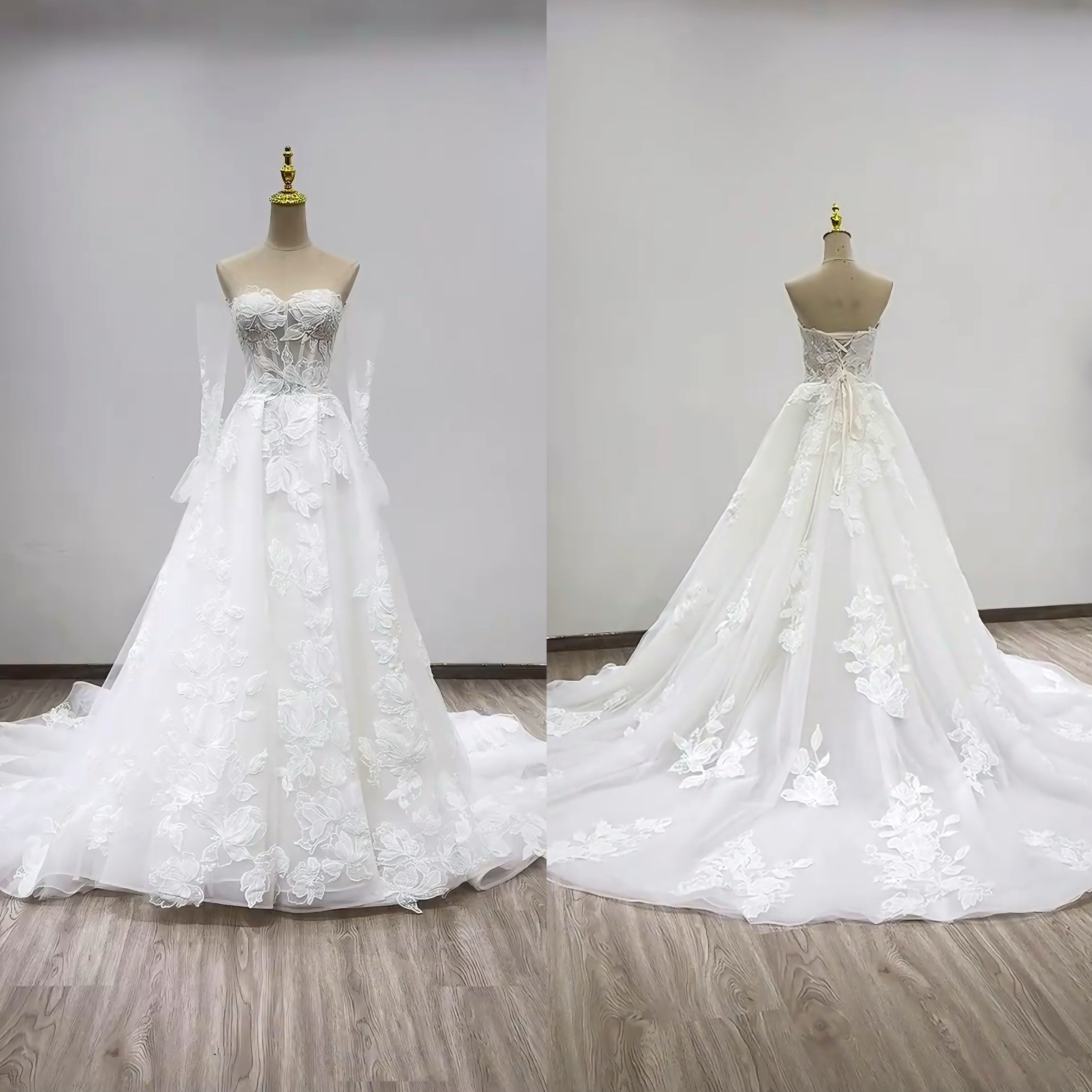 高評価続々！白　二の腕を隠せる　長袖　咲き誇る花レース　春ベストセラー　スレンダーライン　Aライン　痩せて見える　2次会