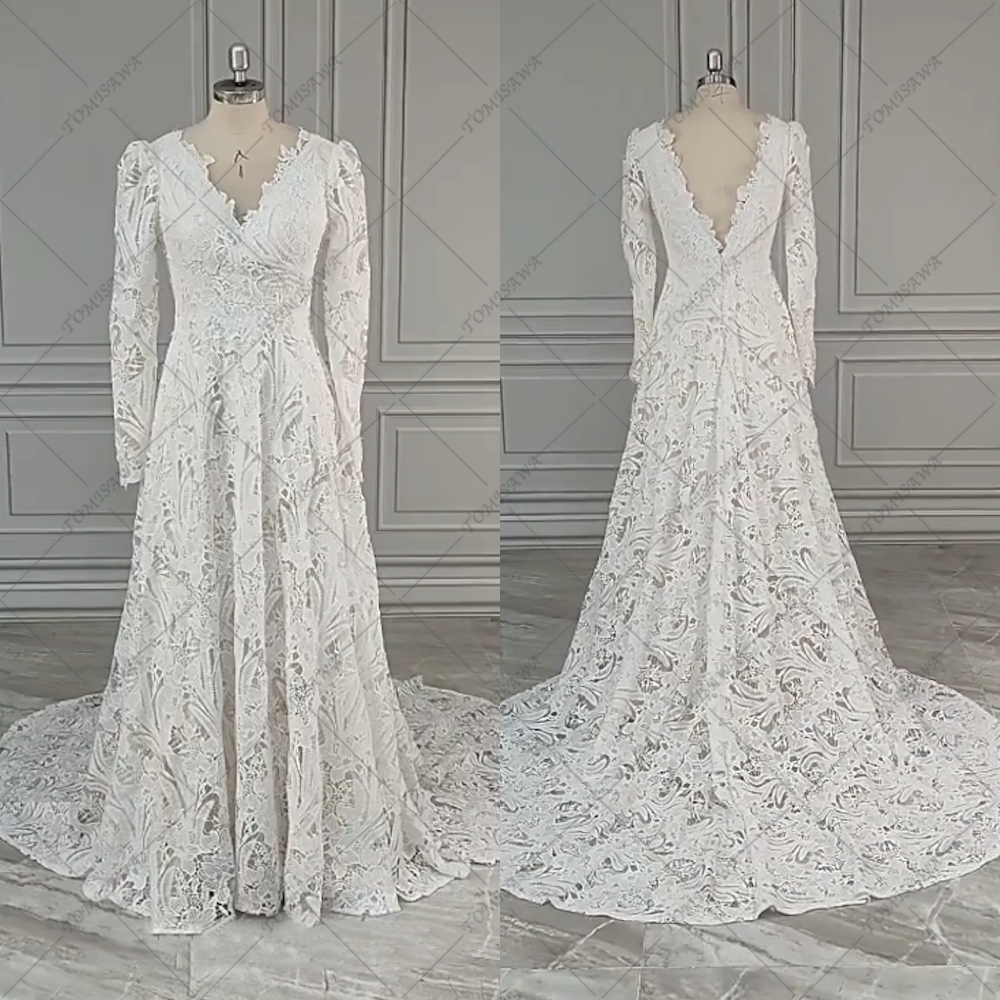 総レース Vネック 上品 ウェディングドレス 結婚式 前撮りドレス  F942