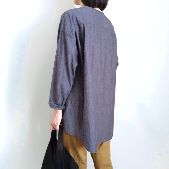 再販！× 3  新！コットンリネンブロードのシャツトップ  先染ワッシャー  ネイビーシャンブレー 4枚目の画像