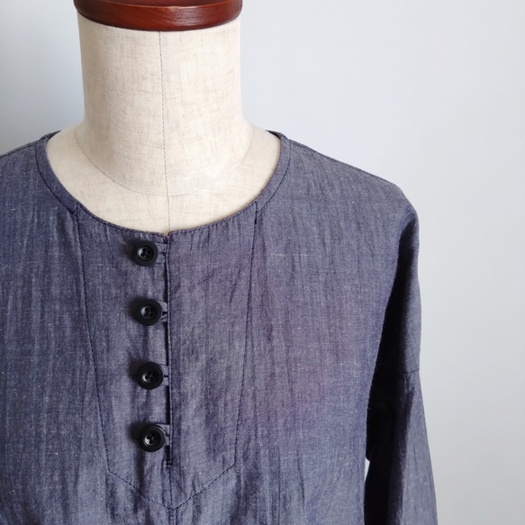 再販！× 3  新！コットンリネンブロードのシャツトップ  先染ワッシャー  ネイビーシャンブレー 7枚目の画像